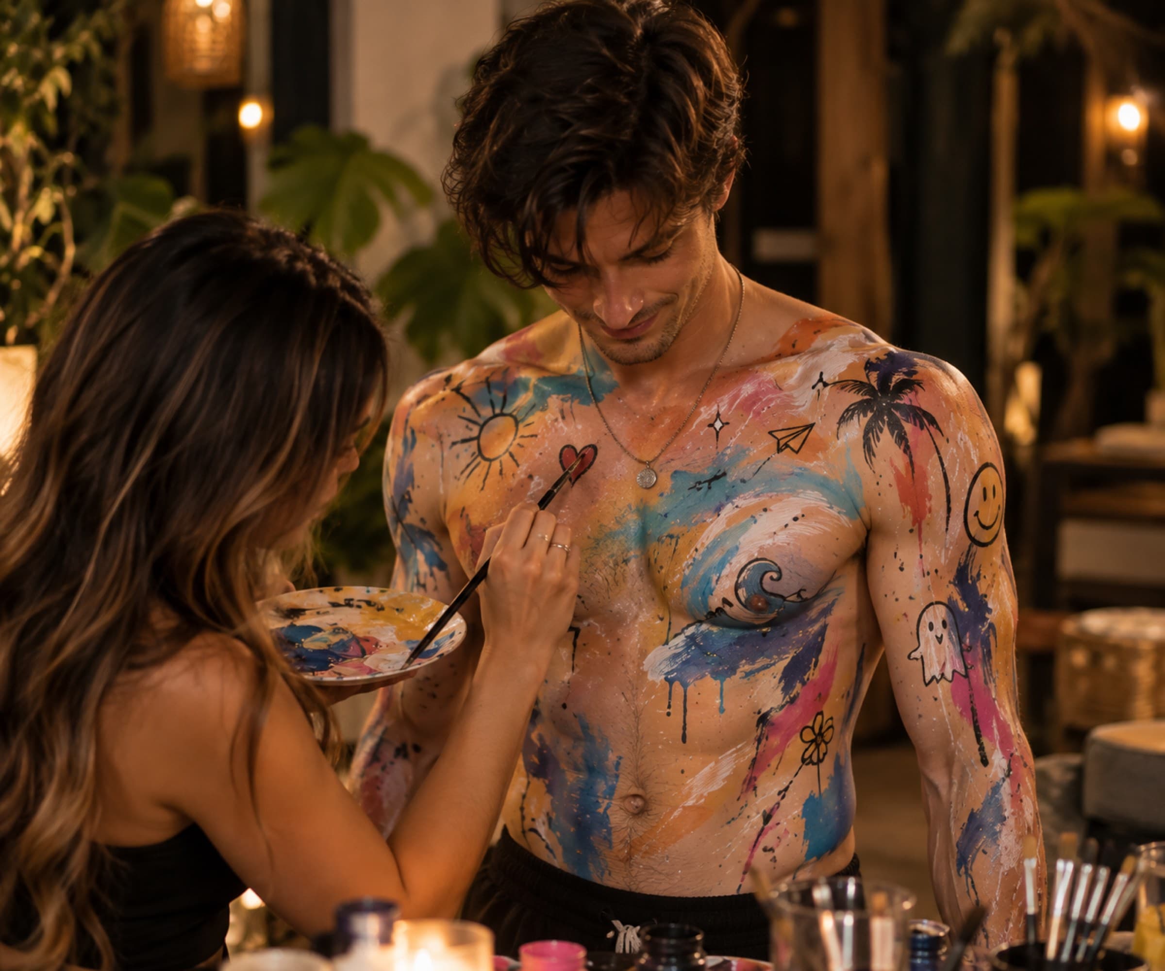 A guest painting on a male model at a hens party.