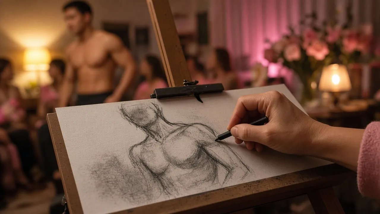 A guest laughing and sketching a male model at a private life drawing session.