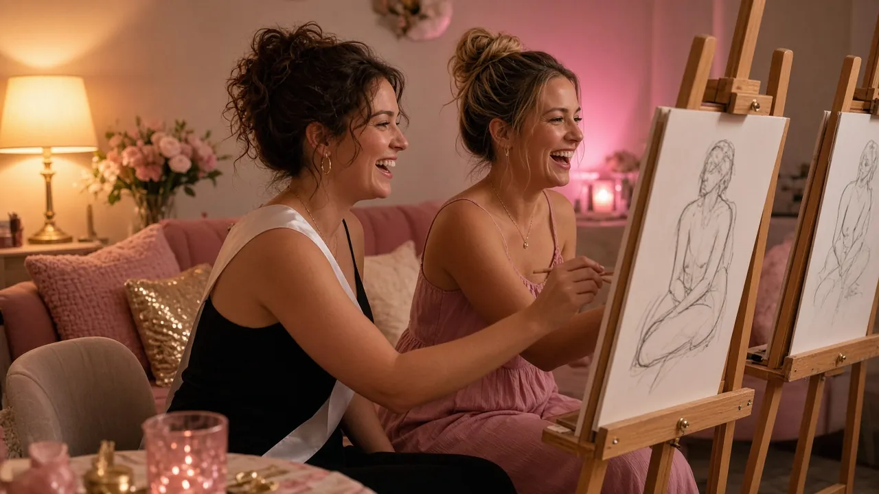 Three guests laughing and drawing together at a private life drawing session.