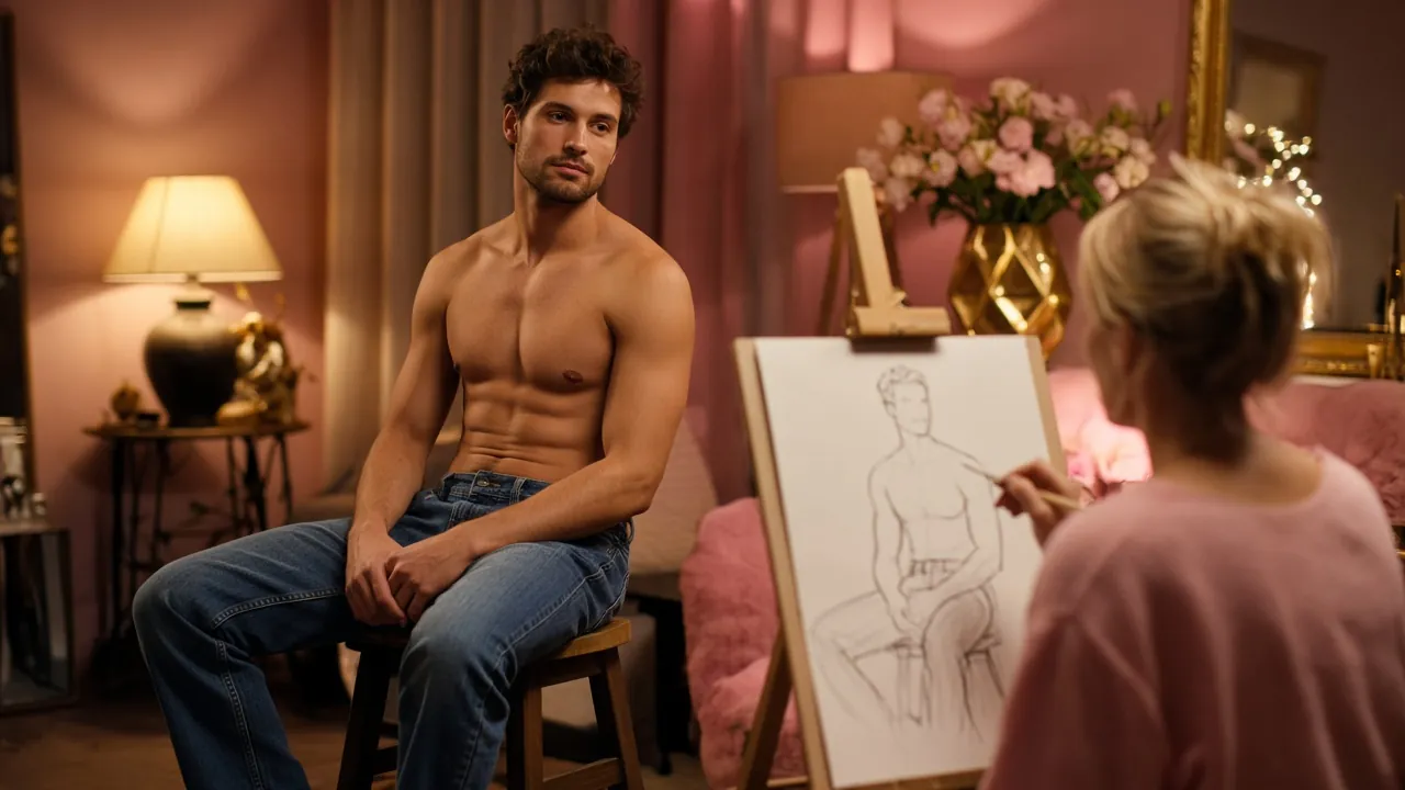 A guest drawing a male model during a private life drawing session.